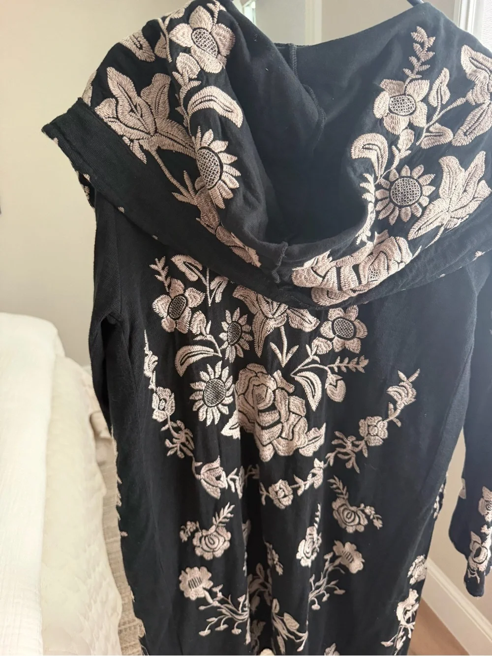 Johnny Was Lior Black Duster with Cream Floral Embroidery